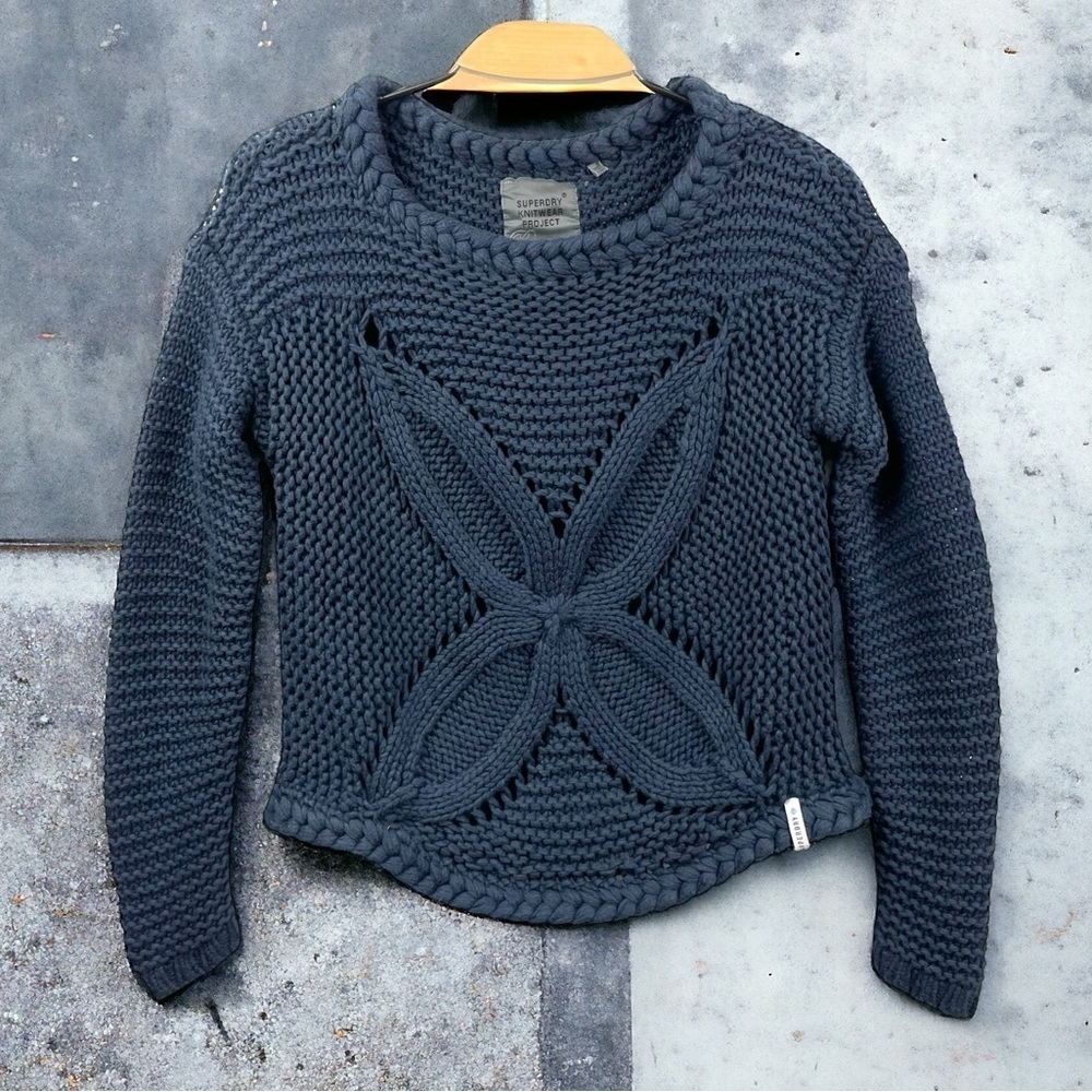 Superdry Navy Shuriken 4pt Chunky Knit Cotton Blend Bateau Neck Sweater Size S
